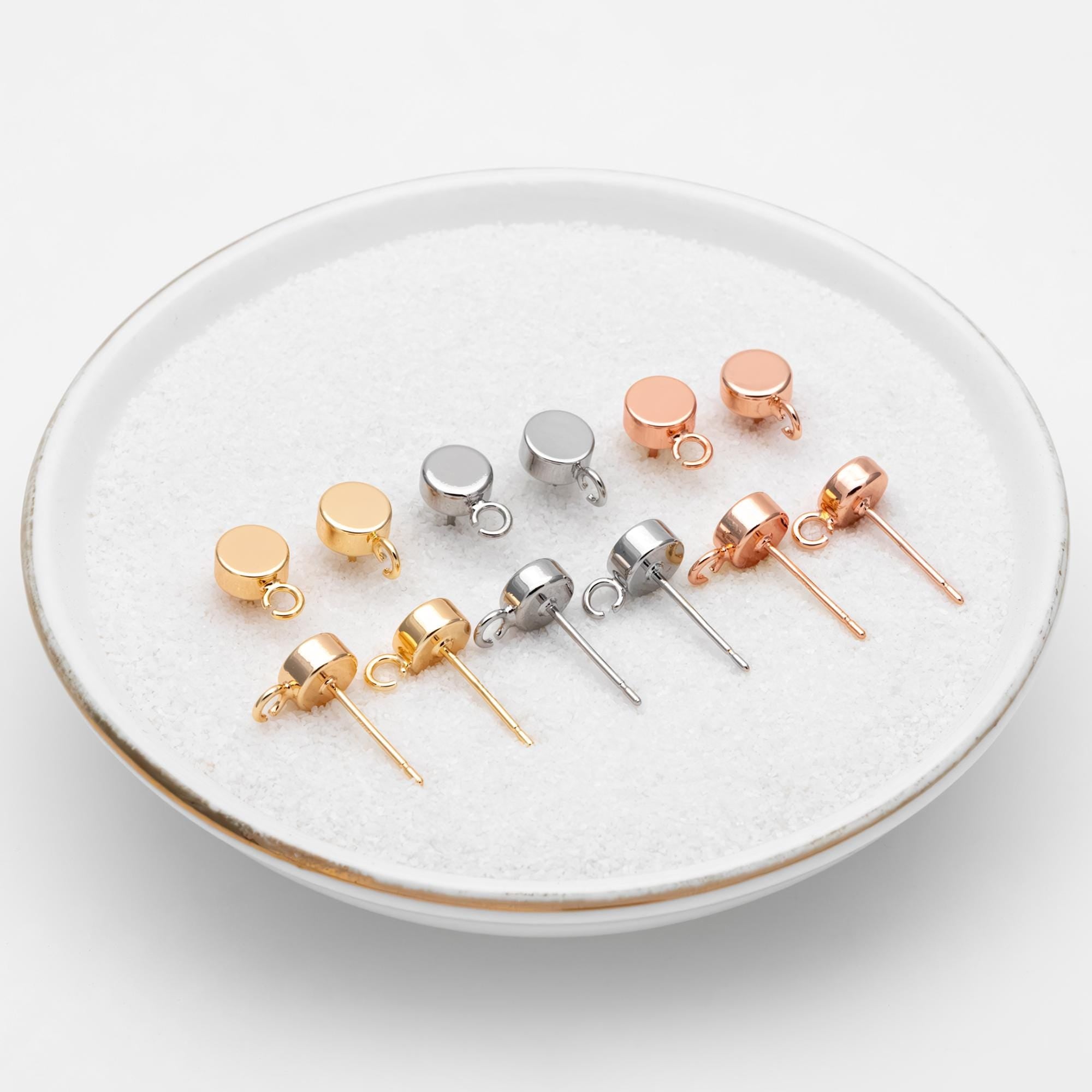 10pcs Gold / Rhodium / Rose Gold plated Brass Coin Stud Earring, Round Coin Ear Post with Loop (GB-656)